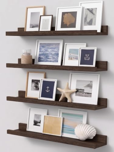 Forbena 24 Inch Floating Picture Ledge Shelf Set of 4, Wooden Picture Shelf for Wall with Ledge for Living Room Bedroom, Dark Wood Wall Shelves with Lip Edge for Photo Frames Display (Rustic Brown - color: Dark Brown, size: 24 Inch