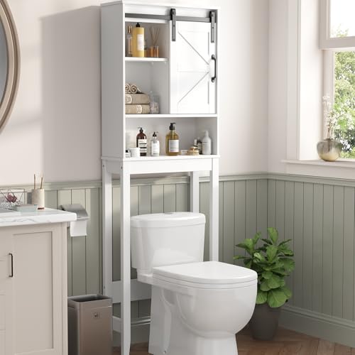 Over The Toilet Storage Cabinet, Bathroom Organizer with Adjustable Shelves and Anti-Tip Device, Space-Saving Storage Solution, White - color: Charcoal White