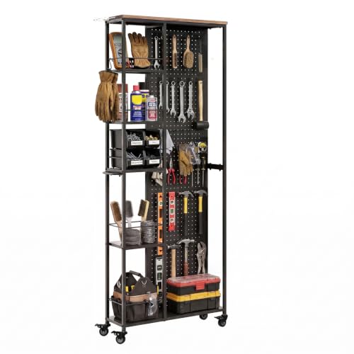 Rolling Garage Storage Shelves, Narrow Tool Storage Organizer for Broom Storage, Power Tool Organizer Shelf with Pegboard & 5-Tier Metal Shelving for Kitchen, Laundry, Craft Room - color: Black