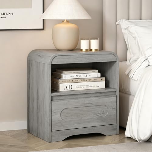 Wood Nightstand with Drawers, Curved Bedside Side End Table w/Open Storage | Hidden Handle, Modern Night Stands for Bedroom Sofa Couch Office, Grey