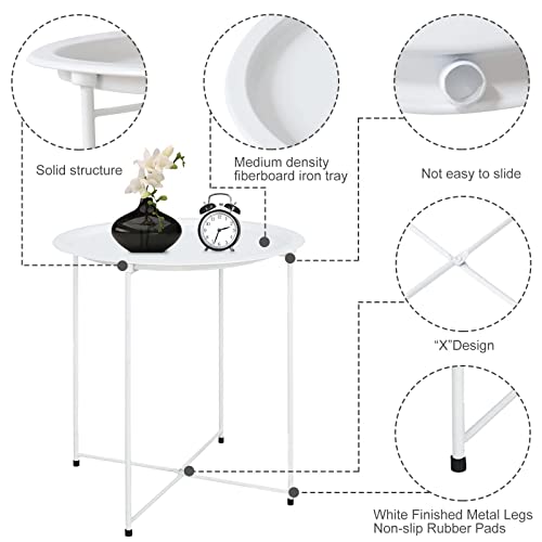 Garden 4 you End Table Metal Side Table White Round Folding Tray Cyan Sofa Small Accent Fold-able Table, Round End Table Tray, Next to Sofa Table, Snack Table for Living Room and Bed Room - color: White