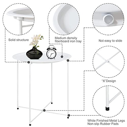 Garden 4 you End Table Metal Side Table White Round Folding Tray Cyan Sofa Small Accent Fold-able Table, Round End Table Tray, Next to Sofa Table, Snack Table for Living Room and Bed Room - color: White