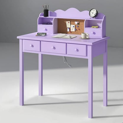 FUNKOCO Home Office Furniture Writing Desk, 36 Inch Computer Work Station with Detachable Hutch for Small Place, 5 Drawers(Purple) - color: 6-purple