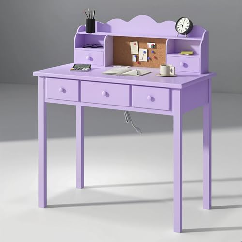 FUNKOCO Home Office Furniture Writing Desk, 36 Inch Computer Work Station with Detachable Hutch for Small Place, 5 Drawers(Purple) - color: 6-purple
