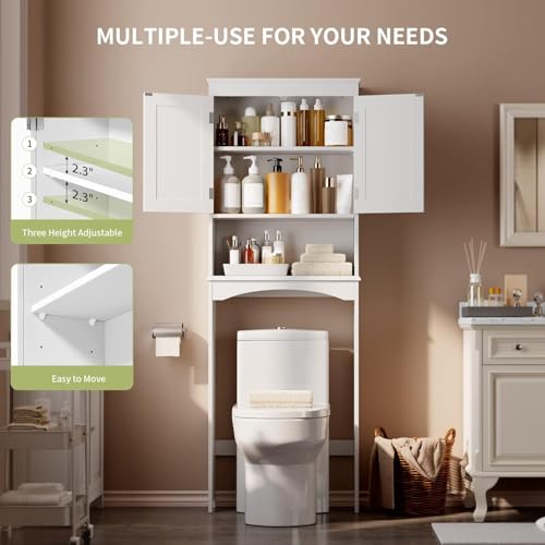 Gizoon Over the Toilet Storage Cabinet with Adjustable Shelf, White | Bathroom Space Saver Organizer Above Toilet with Open Shelf and Double Doors, Taller Wooden Free Standing Toilet Rack - color: White