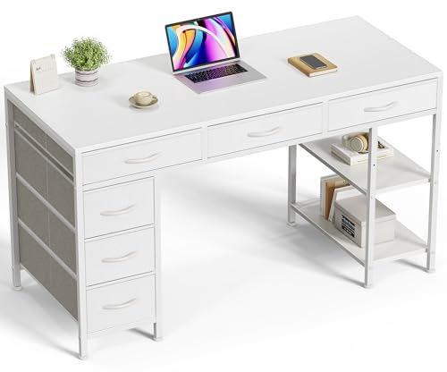 Huuger Computer Desk with 6 Drawers, Office Desk with Shelves, Reversible Gaming Desk, Corner Desk with Storage, Work for Home Office, Study, Living Room, 47inch, White - color: White, size: 47 inch