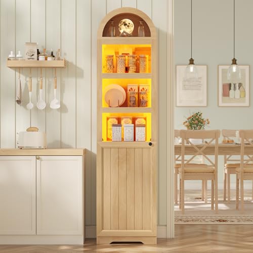 72" Tall Arched Narrow Bathroom Storage Cabinet with Lights, Slim Storage Cabinet with Adjustable Shelves for Small Spaces, Farmhouse Style (Oak) - color: Oak