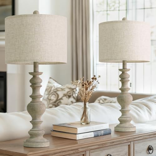 BOBOMOMO 27" Antique Gray Table Lamps Set of 2, Large Farmhouse Resin Lamps with Linen Shades, Vintage Gray Lamps for Living Room, Bedroom, or Console Table Rustic Traditional Décor - color: Antique Gray, size: Large-27"