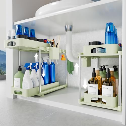 VERIFOST Under Sink Organizer, 2 Pack Under Kitchen Bathroom Cabinet Organizer, 2 Tier Under Bathroom Kitchen Sink Organizer, Adjustable Height Bathroom Kitchen Cabinet Organizers and Storage, Green - color: Green