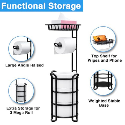 Toilet Paper Holder Stand with Shelf, Free Standing Tissue Roll Storage Rack with Dispenser for Bathroom, Black - color: Black