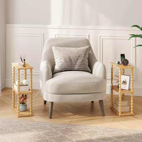 ELYKEN Narrow Side Table with Charging Station, 3-Tier Skinny Bedside Table | Small End Tables Living Room with USB Port and Outlet, Nightstands with Storage Shelf for Bedroom - color: Natural