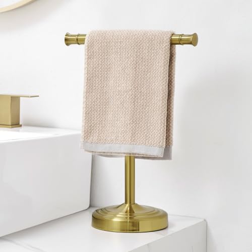 RUMOSE 13 Inch Brushed Gold Towel Stand Hand Towel Holder Bathroom Kitchen Vanity Countertop T-Shape Towel Rack Free Standing Stainless Steel Towel Bar Towel Ring - color: Brushed Gold