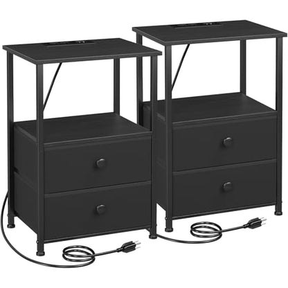 LOAKEKEL Night Stand, Nightstands Set of 2 with Charging Station | Bedside Table with 2 Fabric Drawers for Bedroom, End Tables with Storage Shelf for Small Spaces, Black - color: Black, style: Power