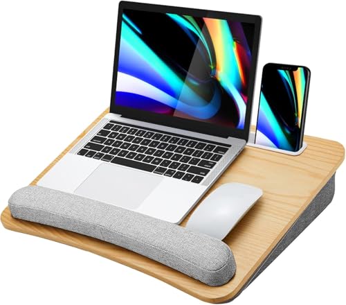 HUANUO Laptop Lap Desk - Portable Lap Desk with Pillow Cushion, Fits up to 15.6 inch Laptop, with Anti-Slip Strip & Storage Function for Home Office Students Use as Computer Laptop Stand - Light Wood - color: Light Brown Woodgrain, size: Medium