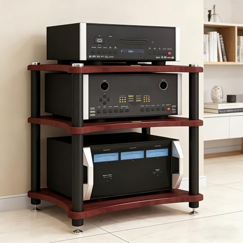 Heavy Duty 3-Tier AV Media Stand, 264 lb Load Capacity, Teak | anti-vibration feet that help reduce resonance for clearer sound, open ventilation, cable management, Built for Hi-Fi systems - color: Teak, size: 3 Tier
