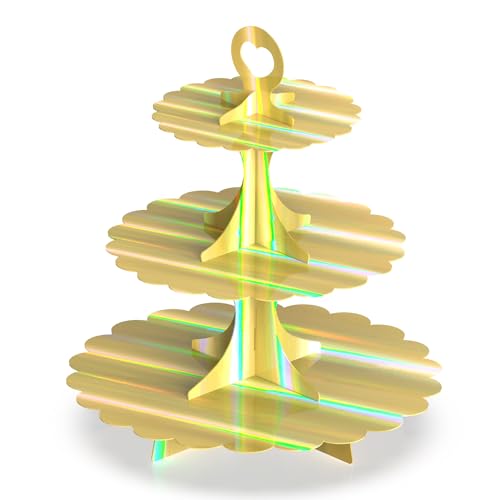 3-Tier Cupcake Stand,Rainbow Gold Cupcake Tower,Tiered Cardboard Dessert Cake Holder Decoration for Birthday Party Weddings Baby Showers (1 Pack) ﻿ ﻿ ﻿ ﻿ - color: Rainbow Gold 1 Pack