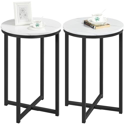 Yaheetech Round End Table Set of 2,16in Faux Marble Accent Table,Modern Side Table with Marble Top and Metal Frame,Small Coffee Table Telephone Table for Living Room/Small Space,Black - color: Black
