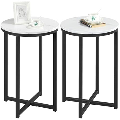 Yaheetech Round End Table Set of 2,16in Faux Marble Accent Table,Modern Side Table with Marble Top and Metal Frame,Small Coffee Table Telephone Table for Living Room/Small Space,Black - color: Black