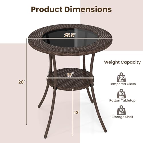 Tangkula 25.5" Wicker Patio Dining Table, Outdoor Round Bistro Side Table with Tempered Glass Top and Storage Shelf, for Balcony, Garden and Backyard