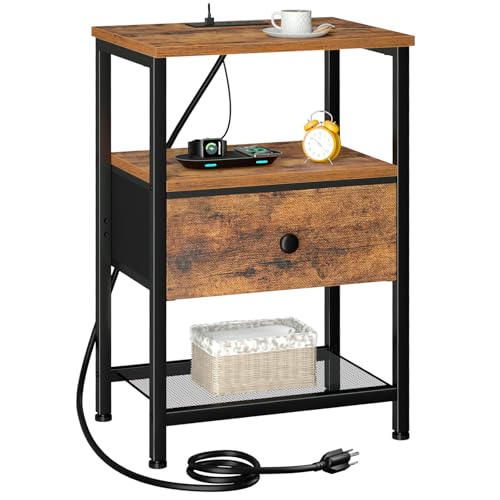 LOAKEKEL Night Stand, Nightstand with Charging Station, Slim Industrial Bedside Table with Fabric Drawer, Small End Table with USB & Type-C Ports for Bedroom, Brown, HETS010BR-1 - color: Rustic Brown, style: One-drawer