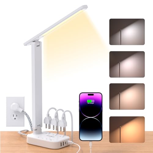 One Beat Small LED Desk Lamp Power Strip 5ft Extension Cord with 3 Outlets 4 USB Ports(2 USB C), 4 Modes, 5 Level Touch Lamp Study Reading Light, Home Office Bedroom College Dorm Room Essentials,White - color: White, size: 5 Ft