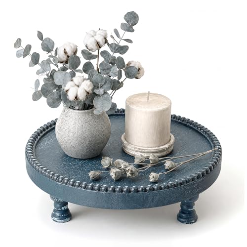 EOSAHR Pine Wood Round Display Riser for Room Decor – Farmhouse Beaded Pedestal Tray for Coffee Table, Soap Dispenser, Plants – Ideal for Displaying Bathroom Accessories (Blue) - color: Blue