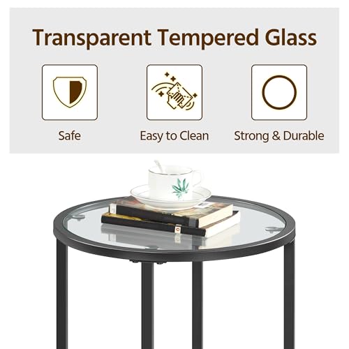 Yaheetech 16'' Round Glass End Table, Black Iron Open-Frame Ring Nightstand | Tempered Glass Top Side Table for Living Room, Iron Frame Holds 88 lb, Open Ring Base, 24'' Height Fits Sofa Arms
