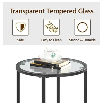 Yaheetech 16'' Round Glass End Table, Black Iron Open-Frame Ring Nightstand | Tempered Glass Top Side Table for Living Room, Iron Frame Holds 88 lb, Open Ring Base, 24'' Height Fits Sofa Arms