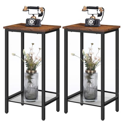 HOOBRO Tall Side Tables, Set of 2, Industrial End Telephone Tables with Adjustable Mesh Shelves, Small Tall Nightstands for Living Room, Bedroom, Entryway, Office, Rustic Brown and Black BF03DHP201 - color: Rustic Brown + Black
