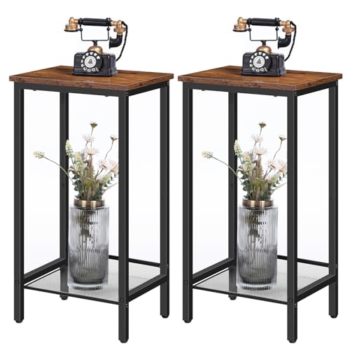 HOOBRO Tall Side Tables, Set of 2, Industrial End Telephone Tables with Adjustable Mesh Shelves, Small Tall Nightstands for Living Room, Bedroom, Entryway, Office, Rustic Brown and Black BF03DHP201 - color: Rustic Brown + Black