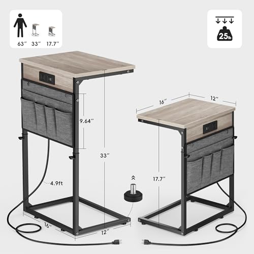 Vagusicc C-Shaped End Table with Charging Station, Small Side Table for Couch, 33" Tall C Table Adjustable Height Side Table, Couch Tables that Slide Under, Sofa Table TV Tray for Living Room,Gray - color: 1pc Greige