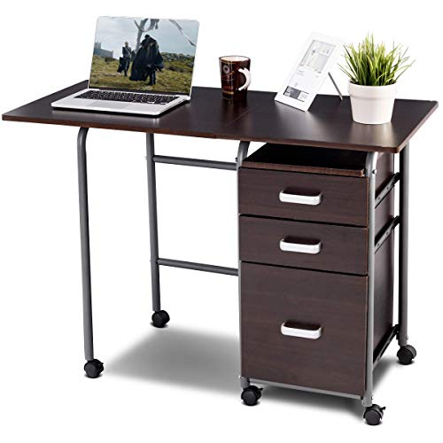 Tangkula Folding Computer Desk with 3 Drawers, Mobile Home Office Desk, Portable Laptop Desk Writing Table, Space Saving Compact Desk for Small Spaces, Dorm, Apartment - color: Brown