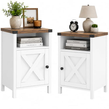 Farmhouse End Table, Nightstand with Barn Door,Set of 2,Cream White | End Tables wirh Shelf,Wooden Sofa Side Table, Modern Bed Side Table Rustic Nightstands, Bedroom, Living Room - color: White