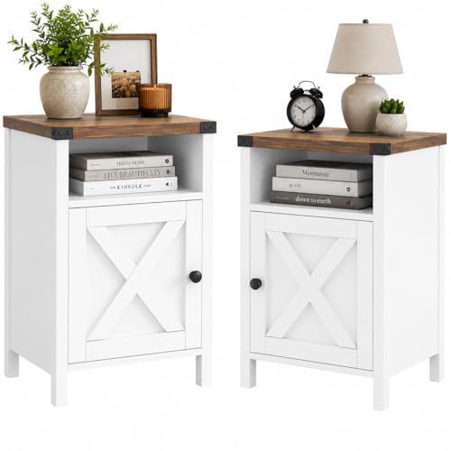 Farmhouse End Table, Nightstand with Barn Door,Set of 2,Cream White | End Tables wirh Shelf,Wooden Sofa Side Table, Modern Bed Side Table Rustic Nightstands, Bedroom, Living Room - color: White