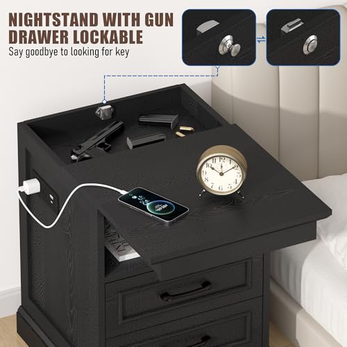 18" Farmhouse Accent Nightstand with Charging Station, Black | End Table with 3 Drawers Storage, Side Table, Bedside Cabinet for LivingRoom Bedroom Office - color: Black