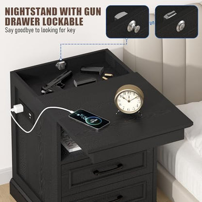 18" Farmhouse Accent Nightstand with Charging Station, Black | End Table with 3 Drawers Storage, Side Table, Bedside Cabinet for LivingRoom Bedroom Office - color: Black