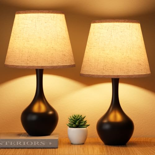 Seealle Touch Table Lamps for Bedroom Set of 2,3-Way Dimmable Small Bedside Lamps for Night Stands with Wires, Black Desk Lamps for Kids Room,Office,Living Room, End Table(LED Bulbs Included) - color: B. Beige Shade & Black Base Set 2