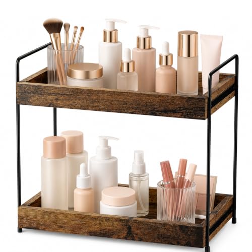 mahueeol 2 Tier Wood Counter Organizer | Bathroom Vanity Use, Kitchen Use - style: Rustic
