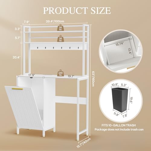 DWVO Fridge Stand with Tilt Out Trash Can Fit 10 Gallon | Storage Bakers, Kitchen Rack with Power Outlets, Freestadning Coffee Bar Cabinet, 3-Tiers Coffee Stand Station - style: Antique-White