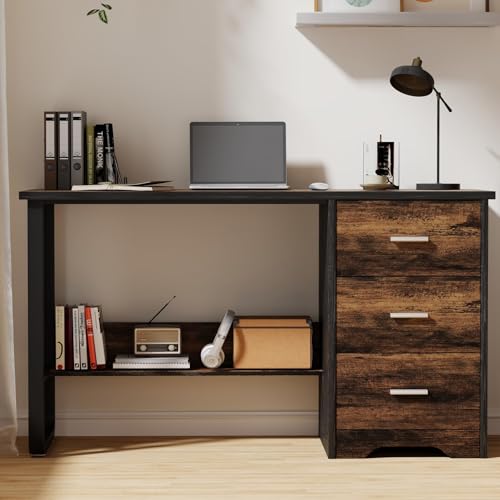 MaverickFurni Small Computer Desk with Drawers, 47 Inch Home Office Desk with 3 Drawers & Bottom Shelves, Study Desk with Storage for Bedroom, Writing and Work, Black and Brown