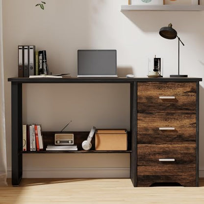 MaverickFurni Small Computer Desk with Drawers, 47 Inch Home Office Desk with 3 Drawers & Bottom Shelves, Study Desk with Storage for Bedroom, Writing and Work, Black and Brown