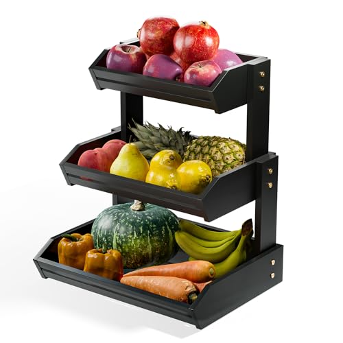 HOLANA Acacia 3 Tier Fruit Basket for Counter – Wooden Fruit Bowl for Kitchen Counter Organizer, Produce Storage Wooden Basket, Snack Organizer for Countertop & Kitchen Counter Storage (Black) - color: Black, size: 3 Tier