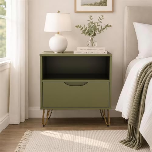 Manhattan Comfort Avira 20 Inch Nightstand with Drawer and Shelf, Mid Century Modern Bedroom Stand with Storage, Compact Side End Table with Metal Legs, Olive Green - color: Olive Green
