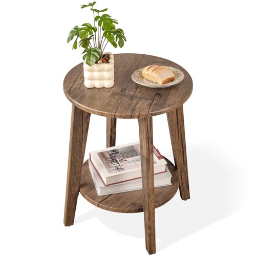 Round End Table 2 Tier Wooden Side Tables with Storage Shelf Modern Nightstand Bedside Table for Small Spaces, Living Room, Bedroom Light Brown - color: Light Brown