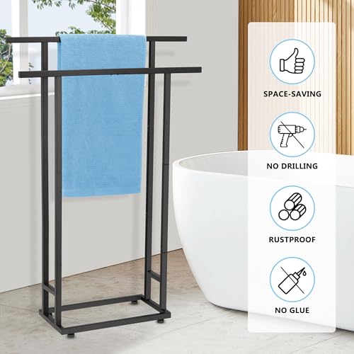 Standing Towel Racks for Bathroom, 2 Tier Bathroom Floor Free Standing Towel Rack, Tall Enough Pool Bath Drying and Dispaly Outdoor Stand for Storage, Black Freestanding Blanket Holder, ALHAKIN