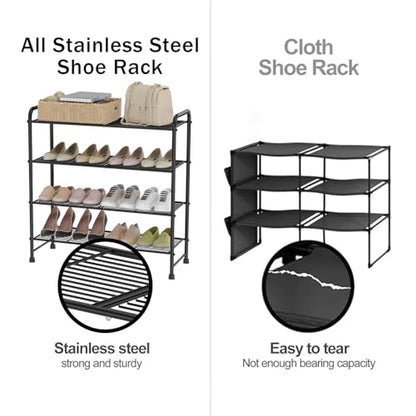 4-Tier Short Metal Shoe Rack,Extra Large Capacity Adjustable Stackable Shoe Organizer Shelf for Closet Entryway, Bedroom,Living Room, Floor,Hallway Shoe Shelf,Black 28" W × 32.3" H