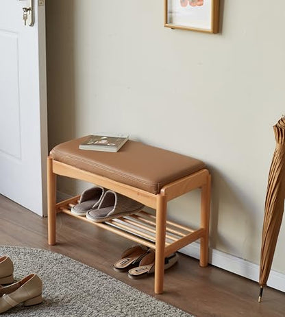 Oak Wood Shoe Bench, 24 Inch Entryway Bench with Brown Leather Cushion | Natural oak frame with brown leather cushion adds premium texture and modern elegance to your home. - color: Natural + Brown Leather Cushion, size: 23.62"