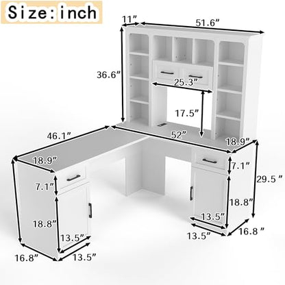 L-Shaped Home Executive Desk with 2 Cabinets and 2 Drawers, Computer Desk with Power Outlet, 11 Open Shelves and 1 Right Flip Shelf with Storage for Study, Living Room and Office (White-02) - color: White-02