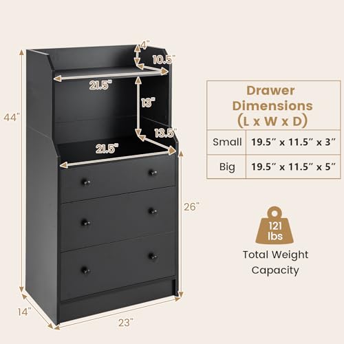 Moccha 3 Drawers Dresser with Shelf, Modern Dresser Tower with 2 Open Shelves, Chest of Drawers with Anti-toppling Device, Tall Storage Dresser Nightstand for Closet, Living Room, Black - color: Black