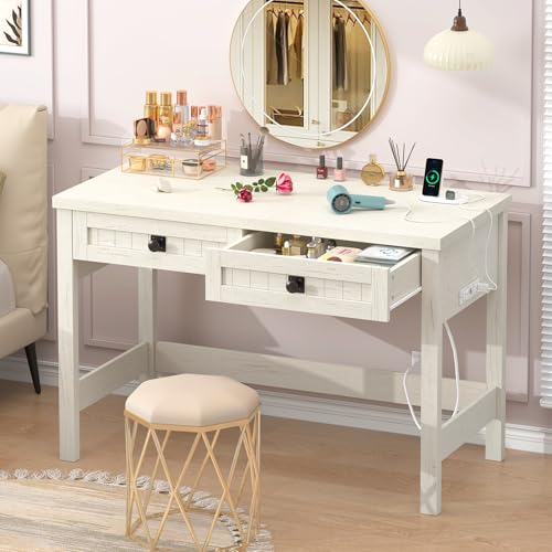 39 Inch Farmhouse Small Computer Desk with Drawers for Bedroom, Home Office | Small Office Computer Desk with 2 Drawers & Power Outlets, Compact Writing Study Desk for Small Spaces, White - color: White